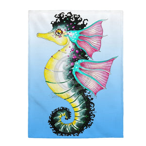 Seahorse On Blue Watercolor Art Velveteen Plush Blanket 60 × 80 All Over Prints