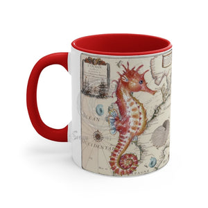 Seahorse Red Vintage Map Nautical Accent Coffee Mug 11Oz /