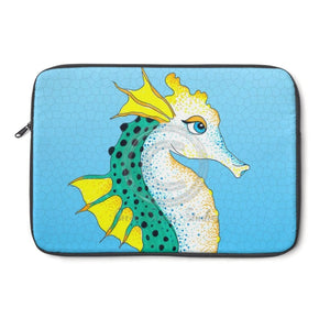 Seahorse Teal Blue Stained Glass Pattern Ink Laptop Sleeve 13