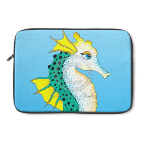 Seahorse Teal Blue Stained Glass Pattern Ink Laptop Sleeve 13