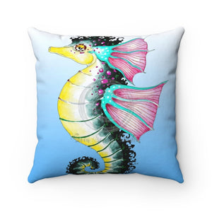 Seahorse Watercolor Blue Teal Ink Art Square Pillow 14X14 Home Decor