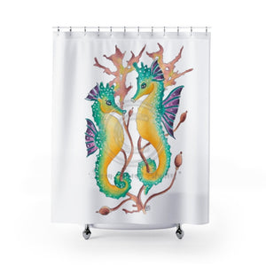 Seahorses And Kelp Watercolor Art White Shower Curtain 71X74 Home Decor
