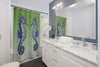 Seahorses Blue On Green Bubbles Watercolor Shower Curtain Home Decor