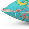 Seahorses Kelp Teal Watercolor Art Square Pillow Home Decor