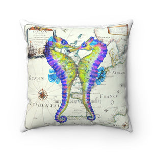 Seahorses Love Watercolor Vintage Map Art Square Pillow 14X14 Home Decor