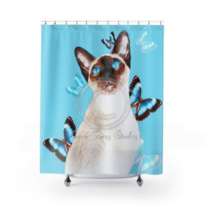 Siamese Cat Butterflies Blue Watercolor Art Shower Curtain 71X74 Home Decor