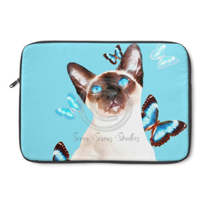 Siamese Cat Butterflies Watercolor Blue Laptop Sleeve 13