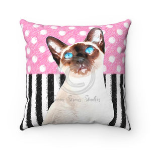 Siamese Cat Pink Polka Dot Square Pillow 14X14 Home Decor