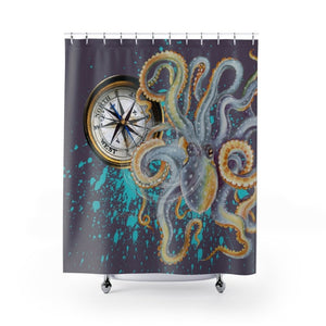 Steel Blue Octopus Splash Compass Purple Shower Curtain 71 × 74 Home Decor