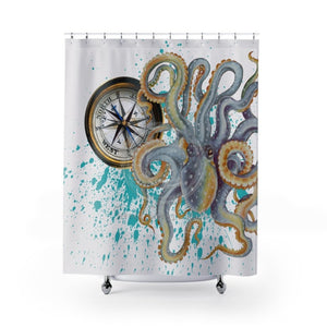 Steel Blue Octopus Splash Compass Shower Curtain 71 × 74 Home Decor