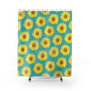 Sunflowers Teal Pattern Vintage Shower Curtain 71X74 Home Decor