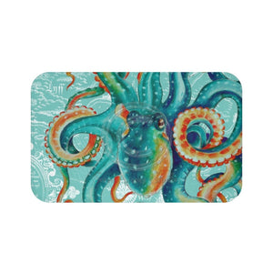 Teal Green Octopus Art Vintage Map Chic Bath Mat Large 34X21 Home Decor