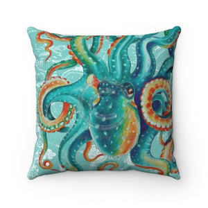 Teal Green Octopus Art Vintage Map Chic Square Pillow 14X14 Home Decor