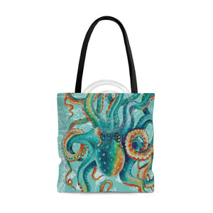 Teal Green Octopus Art Vintage Map Chic Tote Bag Large Bags