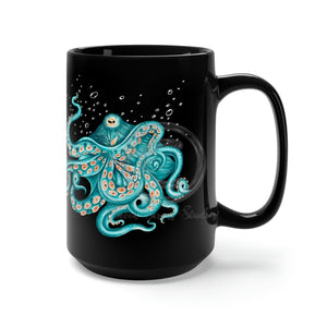 Teal Green Octopus Bubbles And Sea Art Black Mug 15Oz