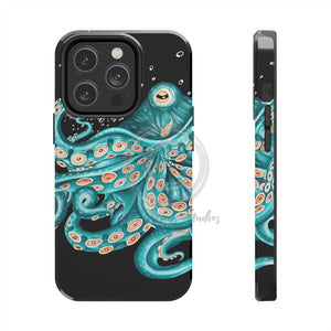 Teal Green Octopus Bubbles And The Sea Black Art Mate Tough Phone Cases Iphone 14 Pro Case