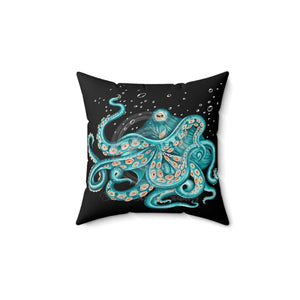 Teal Green Octopus Bubbles And The Sea Black Art Square Pillow 18 × Home Decor