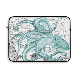 Teal Green Octopus Dance Vintage Map Black Ink Art Laptop Sleeve 15