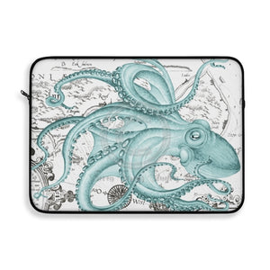 Teal Green Octopus Dance Vintage Map Black Ink Art Laptop Sleeve 15