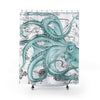 Teal Green Octopus Dance Vintage Map Black Ink Art Shower Curtain 71 × 74 Home Decor