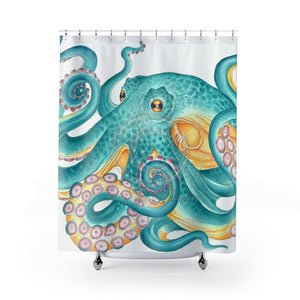 Teal Green Octopus Watercolor Shower Curtain 71 × 74 Home Decor