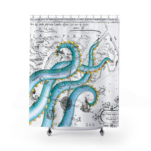 Teal Green Tentacles On White Vintage Map Shower Curtain 71 × 74 Home Decor