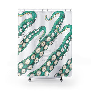 Teal Kraken Octopus White Ink Art Shower Curtain 71 × 74 Home Decor
