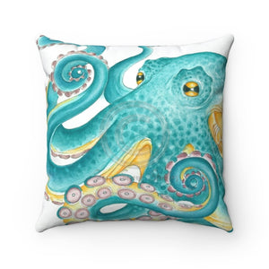 Teal Octopus Orange Watercolor Square Pillow 14 × Home Decor