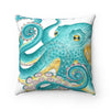 Teal Octopus Orange Watercolor Square Pillow Home Decor