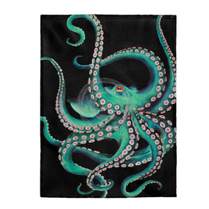 Teal Octopus Tentacles Dane On Black Watercolor Art Velveteen Plush Blanket 60 × 80 All Over Prints