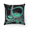 Teal Octopus Tentacles On Black Ink Art Square Pillow Home Decor