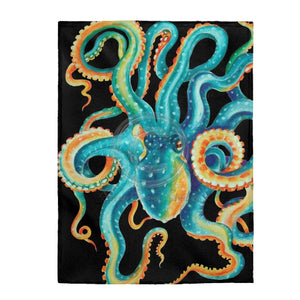 Teal Octopus Tentacles On Black Watercolor Art Velveteen Plush Blanket 60 × 80 All Over Prints