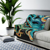 Teal Octopus Tentacles On Black Watercolor Art Velveteen Plush Blanket All Over Prints