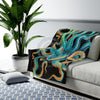 Teal Octopus Tentacles On Black Watercolor Art Velveteen Plush Blanket All Over Prints