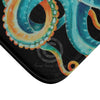 Teal Octopus Tentacles Watercolor Art Black Bath Mat Home Decor