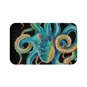 Teal Octopus Tentacles Watercolor Art Black Bath Mat Large 34X21 Home Decor