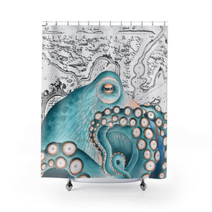 Teal Octopus Vintage Map Chic Shower Curtain 71 X 74 Home Decor