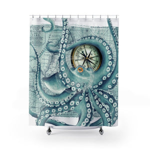 Teal Octopus Vintage Map Compass Shower Curtain 71 × 74 Home Decor