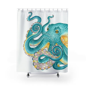 Teal Octopus Watercolor More White Shower Curtain 71 × 74 Home Decor