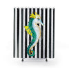 Teal Seahorse Black Stripes Watercolor Shower Curtain 71X74 Home Decor