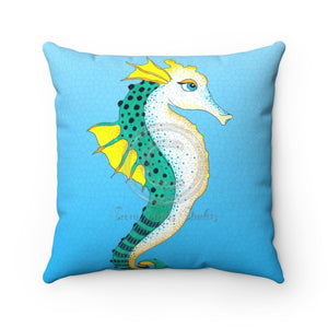 Teal Seahorse Blue Watercolor Square Pillow 14X14 Home Decor