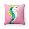 Teal Seahorse Pink Watercolor Square Pillow Home Decor