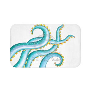 Teal Tentacles Octopus On White Bath Mat 34 × 21 Home Decor