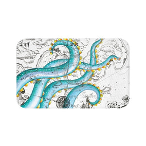 Teal Tentacles Octopus On White Vintage Map Bath Mat 34 × 21 Home Decor