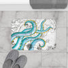 Teal Tentacles Octopus On White Vintage Map Bath Mat Home Decor