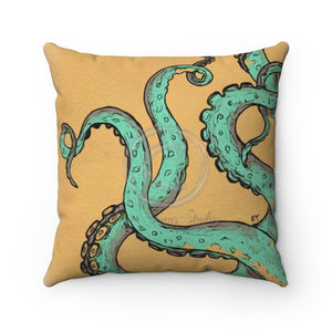 Teal Tentacles On Tan Watercolor Square Pillow 14X14 Home Decor