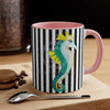 Teal Yellow Seahorse Black White Pinstripe Art Accent Coffee Mug 11Oz
