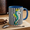 Teal Yellow Seahorse Black White Pinstripe Art Accent Coffee Mug 11Oz