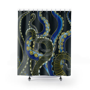 Tentacles Blue Gold On Dark Grey Paper Texture Shower Curtain 71 × 74 Home Decor