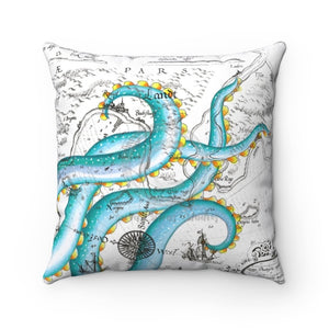 Tentacles Octopus Teal Chic Vintage Map Square Pillow 14 × Home Decor